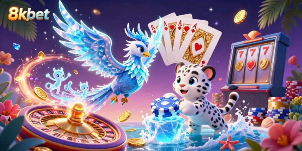 Play and win at 8xbet with vibrant ice phoenix, poker elements, and dazzling casino atmosphere.