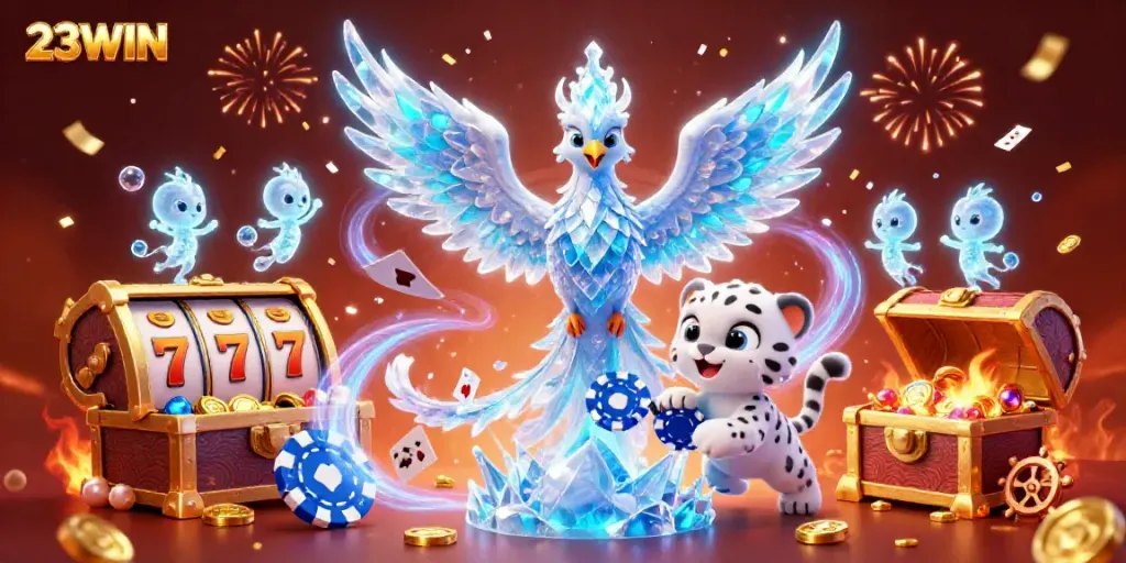 Experience 23WIN's engaging casino atmosphere with an enchanting 3D illustration featuring lively gaming characters.