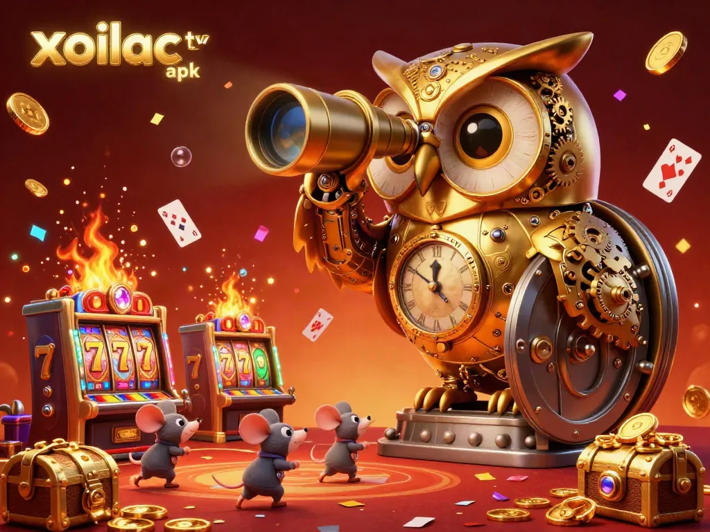 Engage with live matches using the xoilac tv apk in a vibrant casino setting featuring animated slot machines and a golden owl.