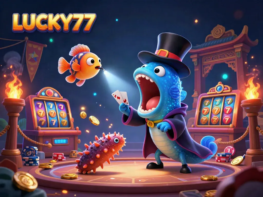 Experience LUCKY77 magic with a vibrant casino scene featuring an eel magician and an anglerfish spotlight.
