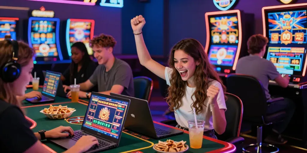 Exciting gaming scene on GEM88 with players celebrating wins at vibrant virtual casino games.