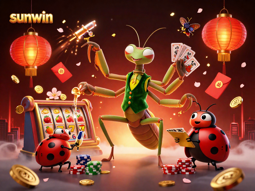 Sunwin captivates players with a dynamic casino scene featuring vibrant slot reels and charismatic characters.