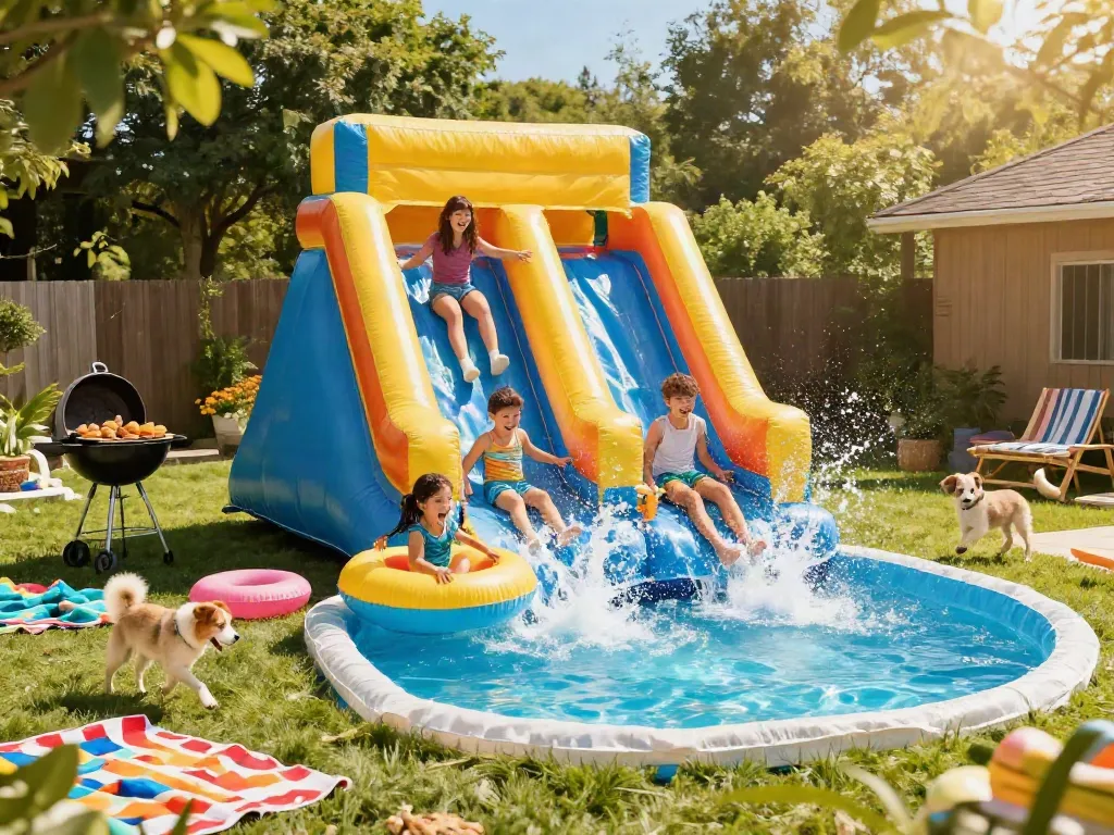 Family enjoying inflatable water slide fun in a sunny backyard.