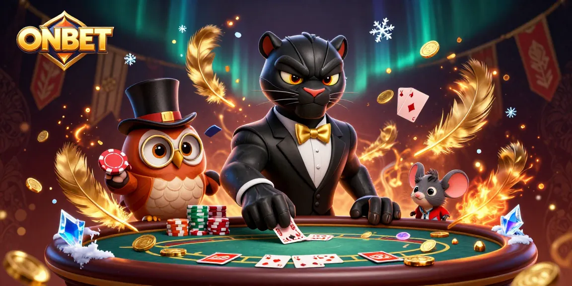Play poker with ONBET in a vibrant 3D scene featuring a stylish panther dealer and friends.
