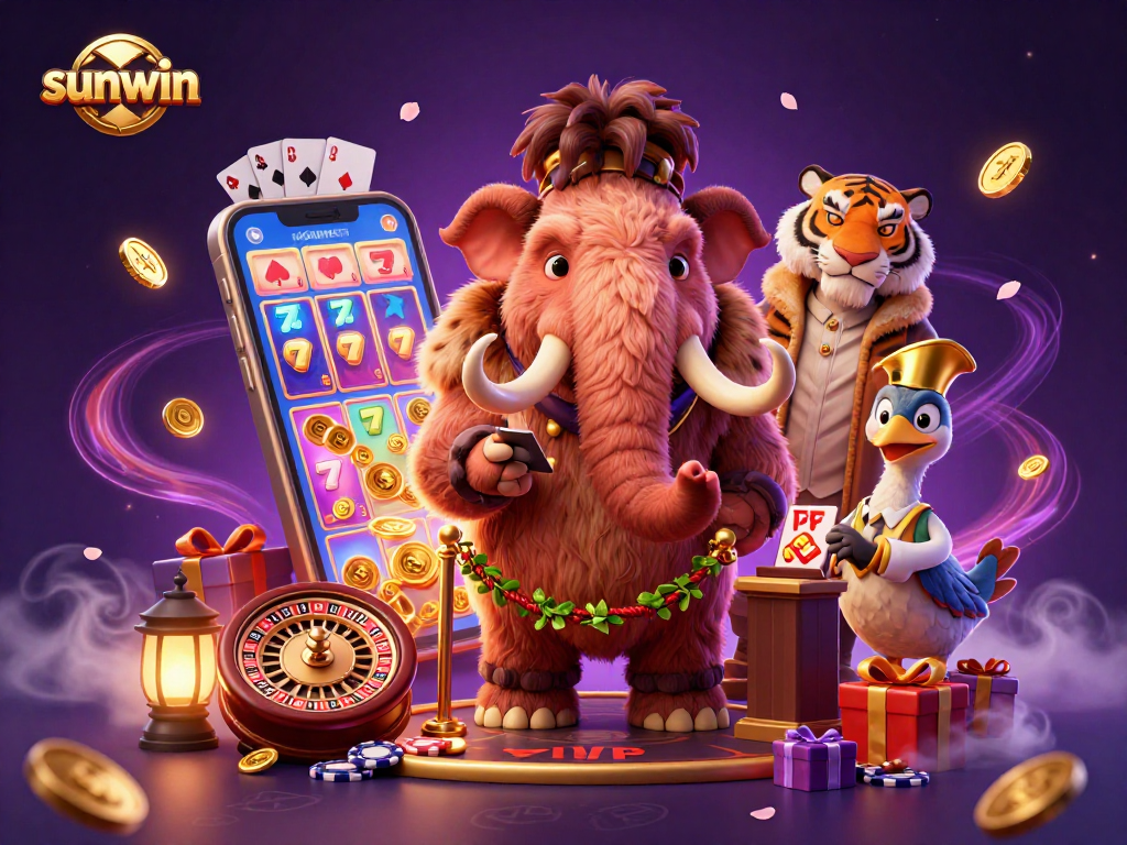 Experience the excitement of sunwin with this vibrant casino scene featuring a mammoth bouncer and VIP guests.