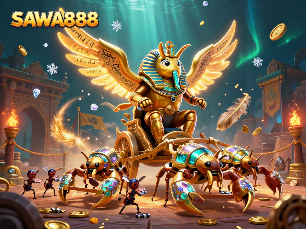 SAWA888 offers an exciting golden scarab-themed gaming experience, enhanced by vibrant elements.
