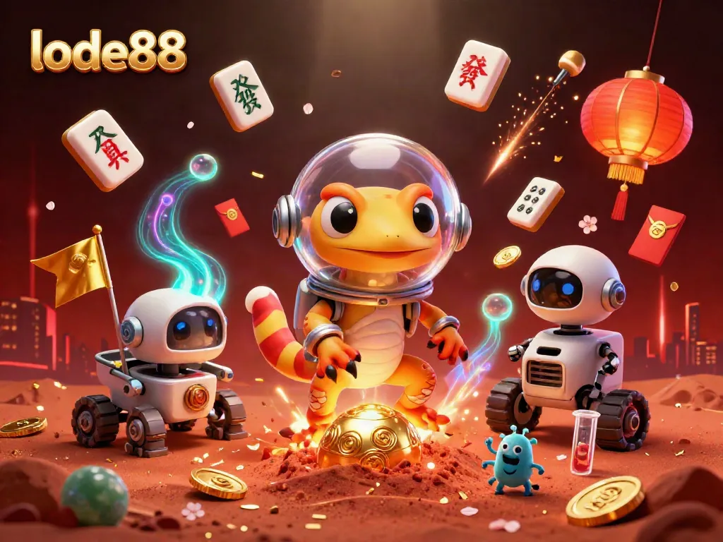 Lode88 showcases a visually vibrant 3D casino scene featuring a Martian gecko and robot exploring in a golden environment.