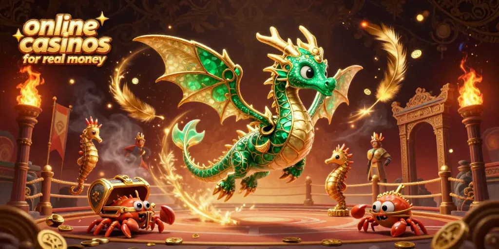 Frolic amidst the enchantment of online casinos for real money, as a 3D sea dragon guides you through a whirlwind of gold and excitement.