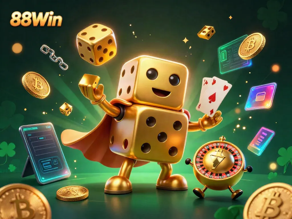 Engage with 88Win's vibrant casino scene featuring an animated golden dice golem and cryptocurrency elements.
