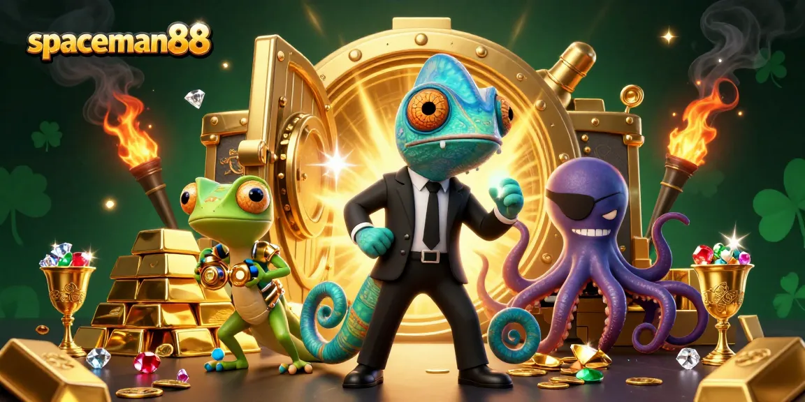 Experience the thrill of spaceman88 with a vibrant casino scene featuring a secret agent chameleon and treasures.