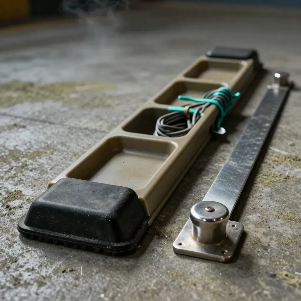 Overhead still life of dock markers, chock, cable ties and steel stop on concrete