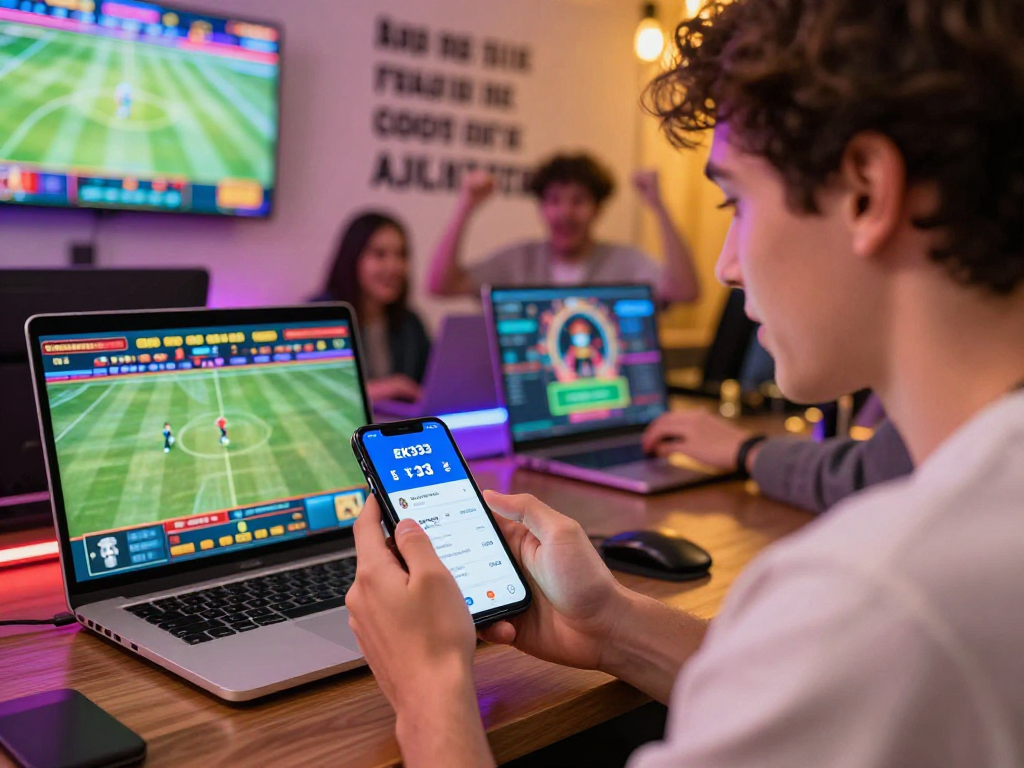 Exciting EK333 betting experience with a player engaged on a mobile app amidst vibrant sports visuals.