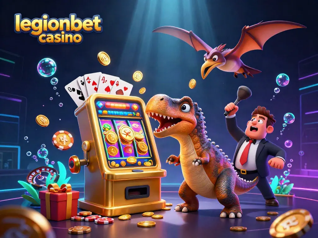 Win big at legionbet casino with dynamic action of a dinosaur, jackpot coins, and gaming elements