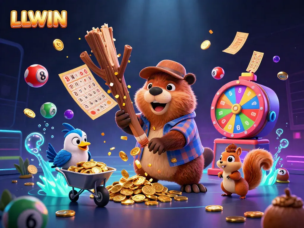 LLWIN game-themed illustration with a beaver, bird, and squirrel among bouncing lottery balls.