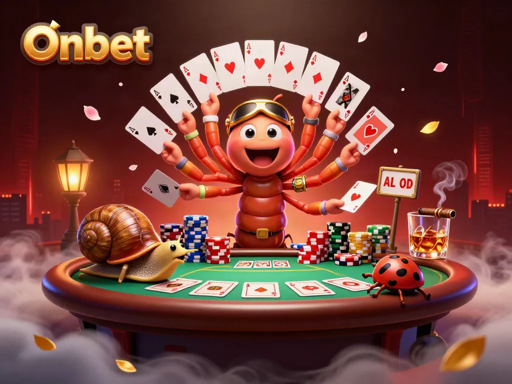 Experience Onbet's thrilling casino atmosphere with cartoon dealers and poker elements.