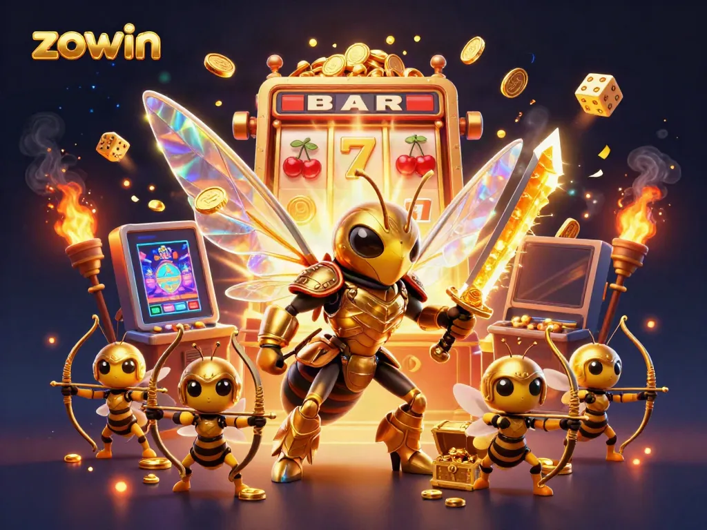 Experience the energy of zowin with golden hornet samurai characters in a vibrant 3D casino scene.