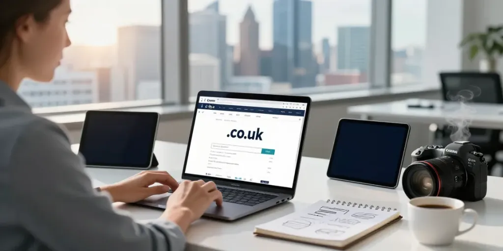 Business professional engaging in .co.uk domain registration process at a modern workspace.