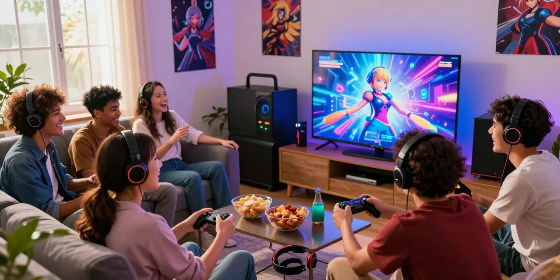 Friends enjoying an ecchi game in a lively living room setting with gaming gear and snacks.