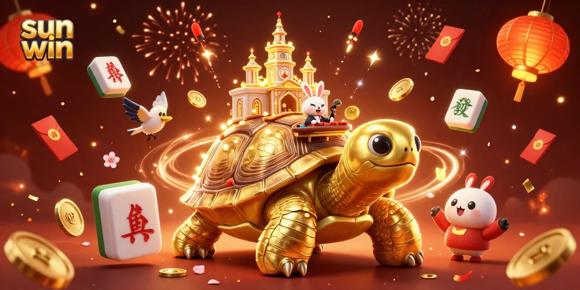 Experience the thrill of sun win with a vibrant, gold-themed casino illustration featuring a whimsical tortoise and festive elements.