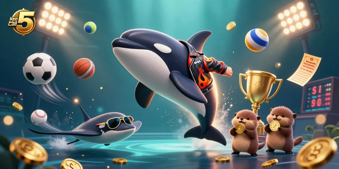 Bet on keo nha cai 5 with an exciting illustration of dynamic sea creatures and sports elements.