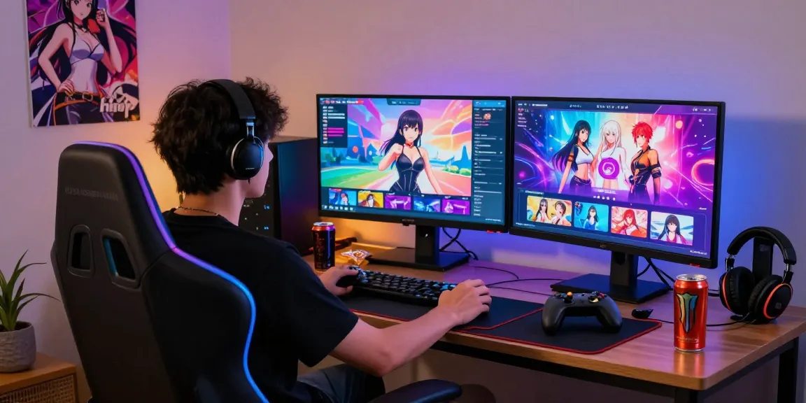 Gamer enjoying ecchi games in a colorful gaming setup with immersive graphics.