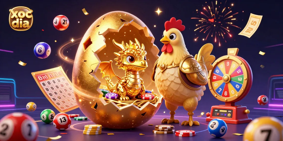Xoc dia game illustration showing a golden dragon and poker chips amidst dynamic gambling elements.