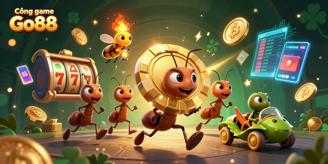 Cổng game Go88 showcases ants in a heist, centered around vibrant casino elements and glowing cryptocurrencies.