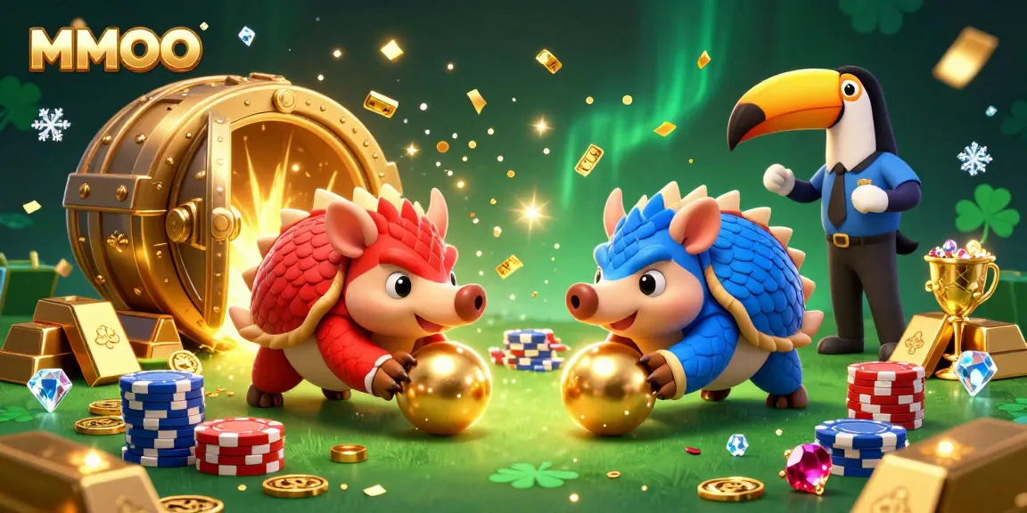 Join the MMOO challenge with rival pangolins competing over poker chips in a bustling casino scene.