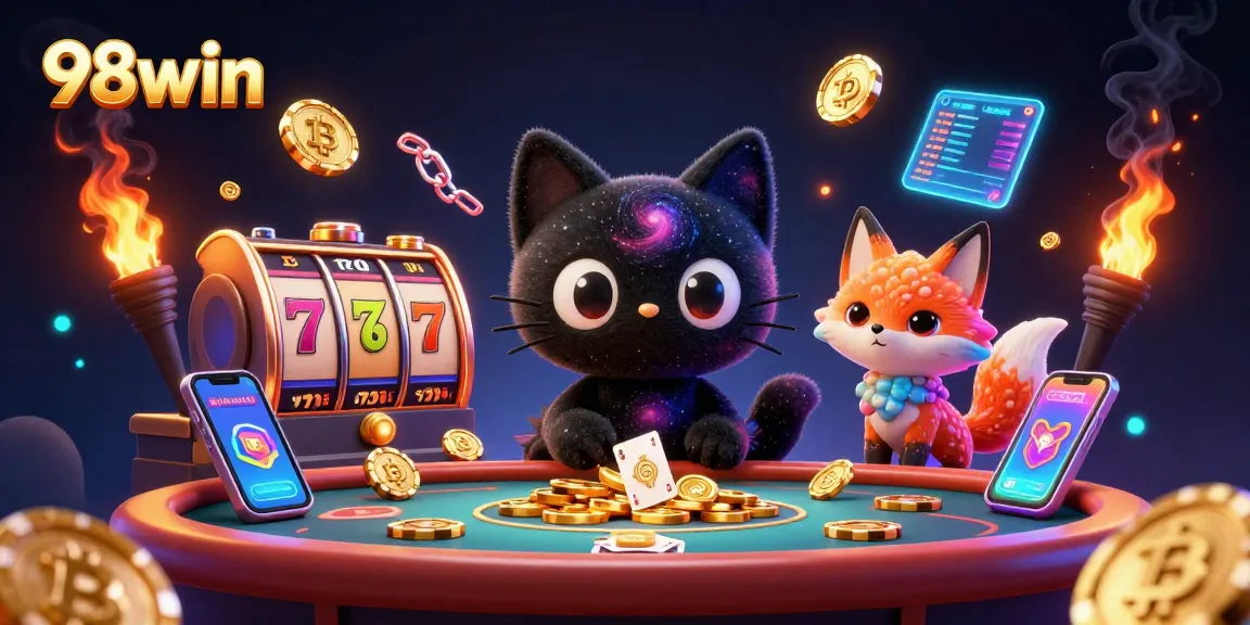 Engage with 98win as a cartoonish black hole cat lures in players with golden chips at a vibrant casino.
