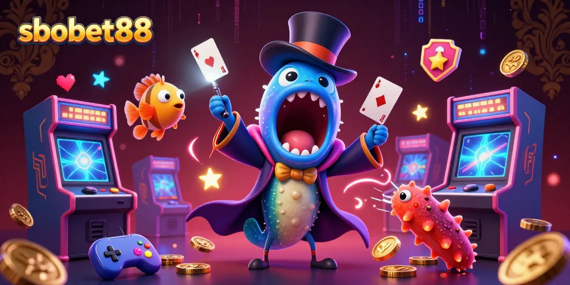 SBOBET88 offers thrilling card tricks with bioluminescent eel and anglerfish at a vibrant casino scene