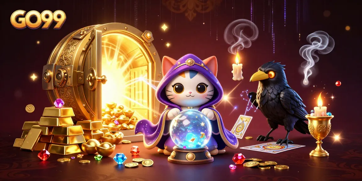 Experience GO99's enchanting casino atmosphere with a mystic cat and tarot raven.
