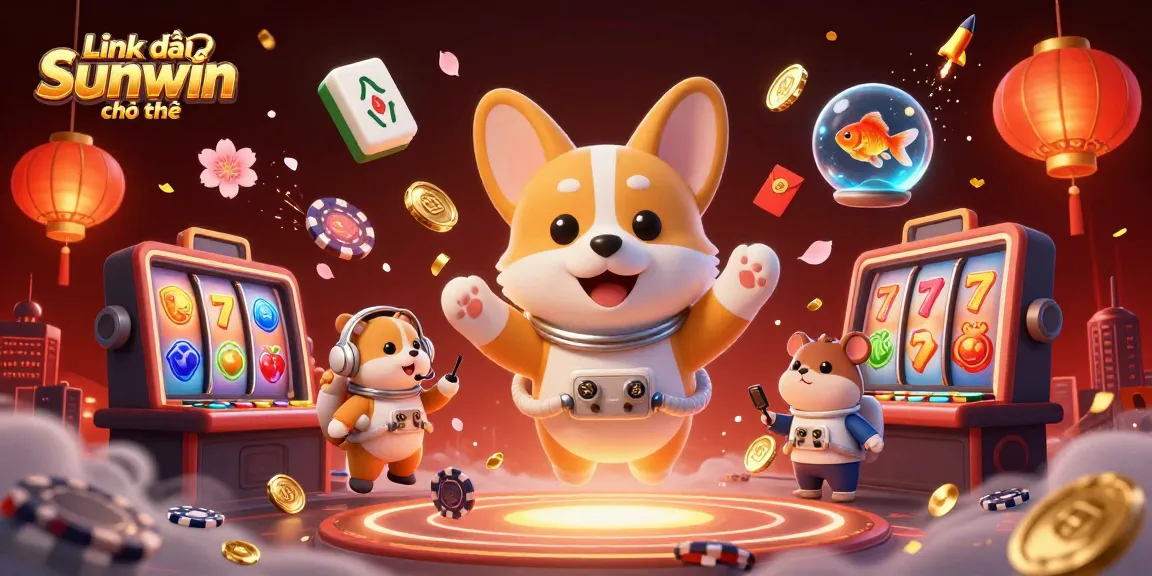 Engage with Link vào Sunwin chính thức in a vibrant space casino scene featuring an astronaut corgi and floating game symbols.