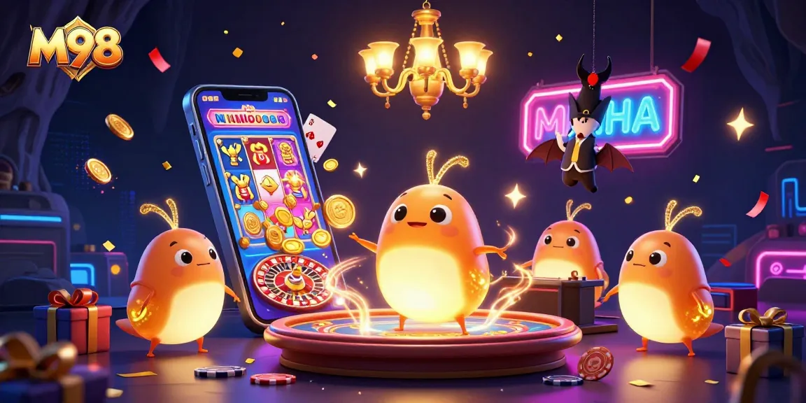 Spin vibrant slots at M98 with glowing glowworms illuminating this lively cave casino scene.