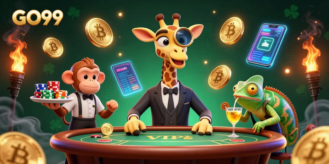 GO99 offers thrilling gaming action with a high-roller giraffe and vibrant cryptocurrency elements.