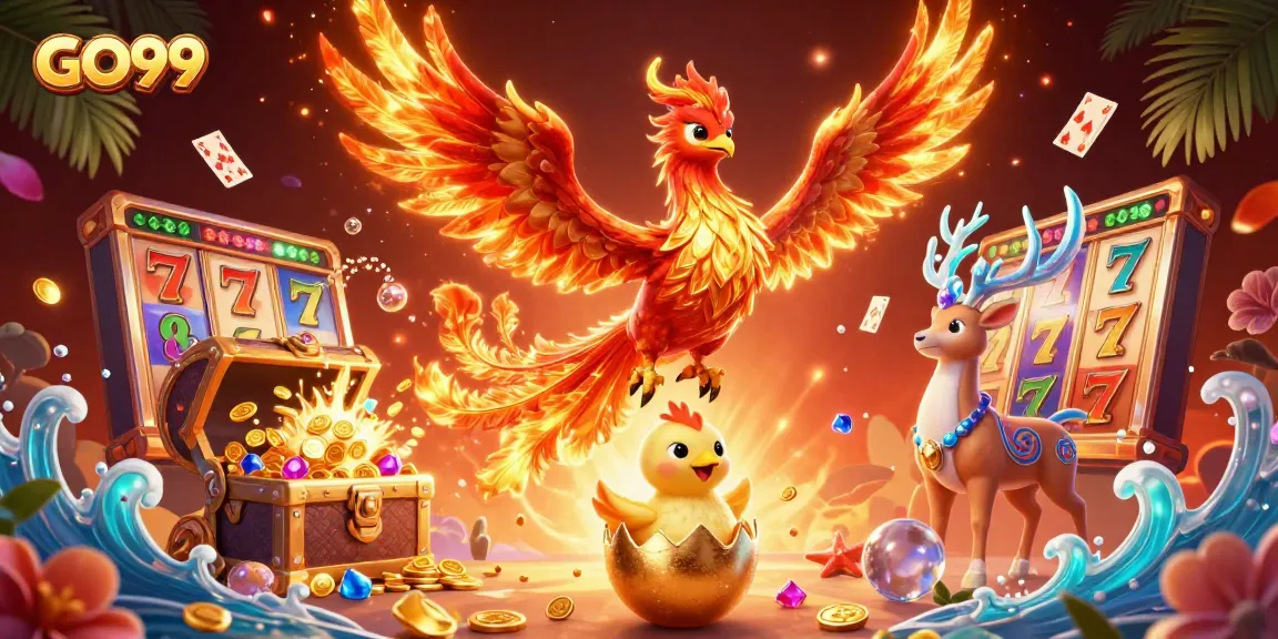 Experience the excitement of GO99 with a fiery phoenix and thrilling gaming elements.